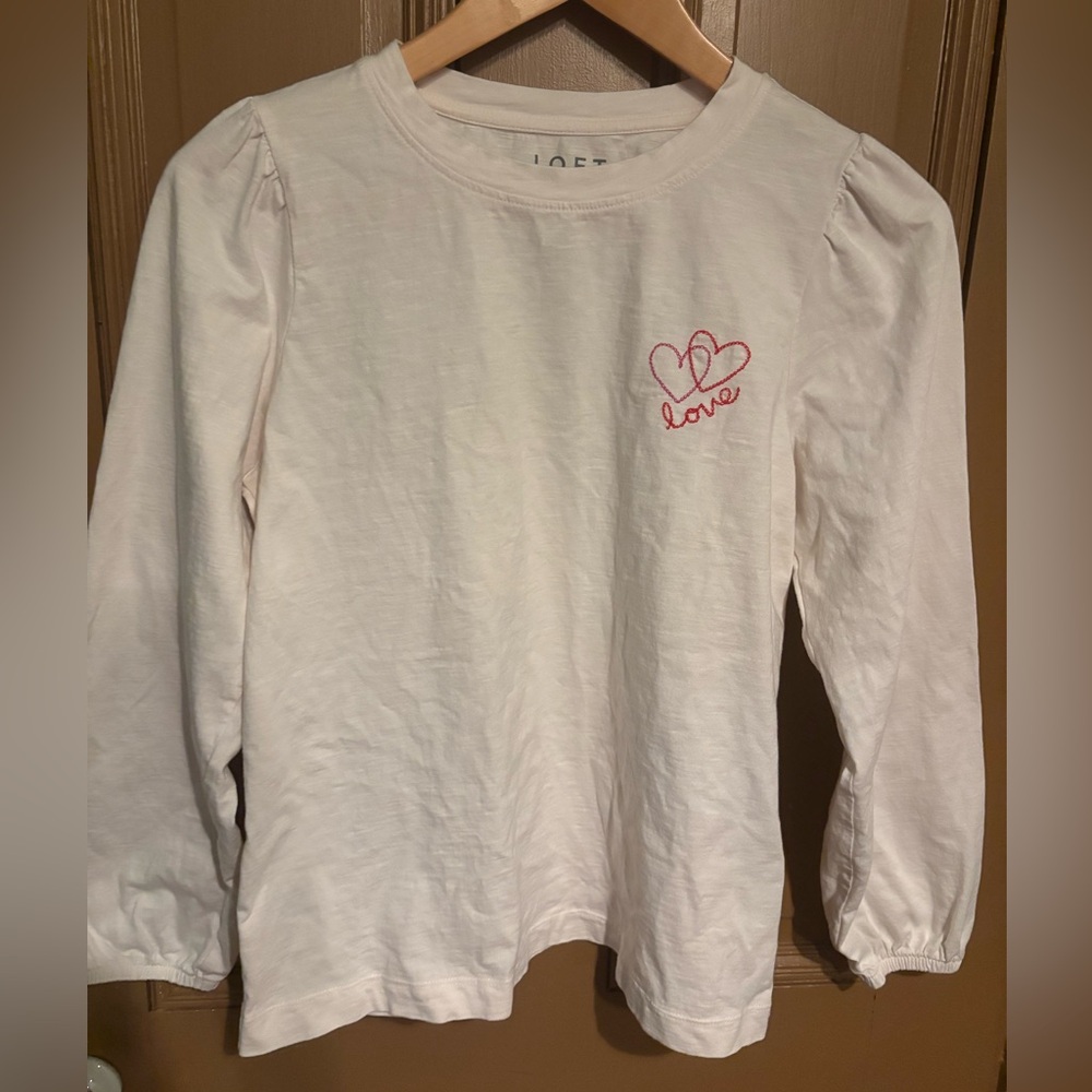 LOFT Galentine’s Day White Long Sleeve Tee with Pink Heart Embroidery